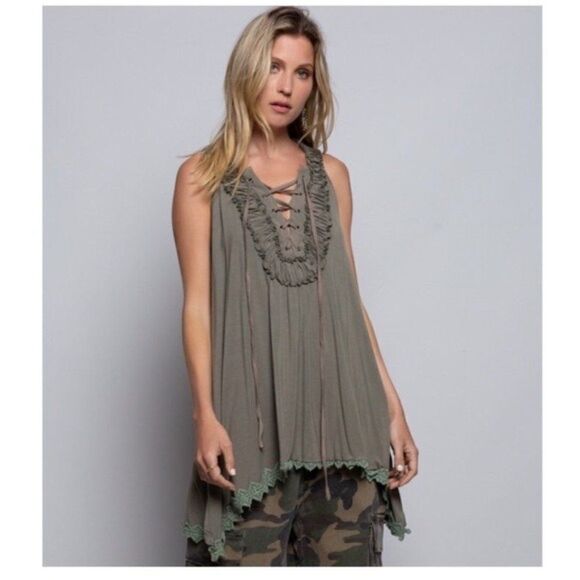 tunic Top with Ruffled Lace Up Olive Sleeveless - Picture 5 of 15